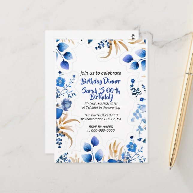 Postale Faire carte d'invitation florale bébé bleu et arge (Devant/Arrière en situation)