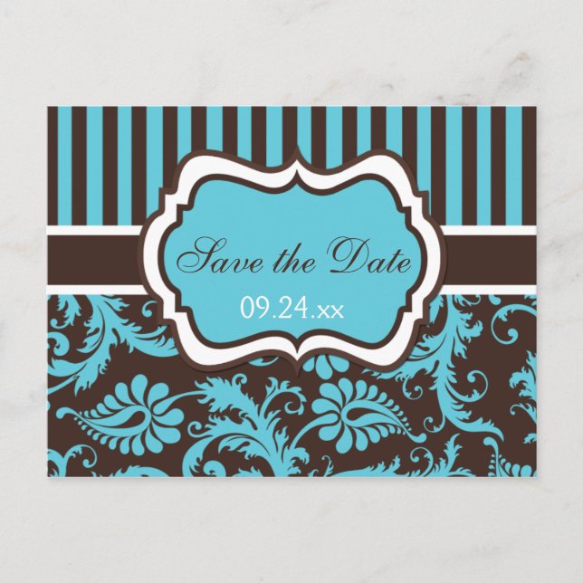 Postale Faire-part Aqua, Blanc, Damas Brown Enregistrer la carte Date (Devant)