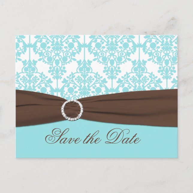 Postale Faire-part Aqua Blue, Brown, blanc Damas Enregistrer la carte (Devant)