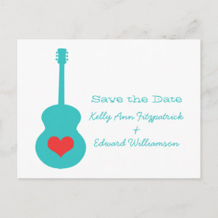 Postale Faire-part Aqua/Red Guitar Heart Enregistrer la date Carte po