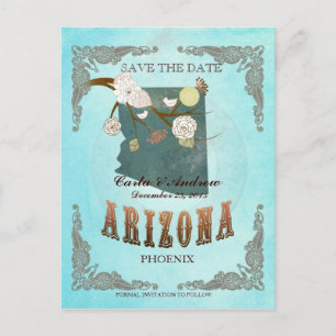 Postale Faire-part Aqua Save The Date - Carte de l'Arizona avec de be