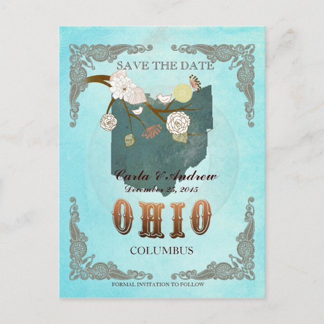 Postale Faire-part Aqua Save The Date - Carte de l'Ohio avec de beaux (Devant)
