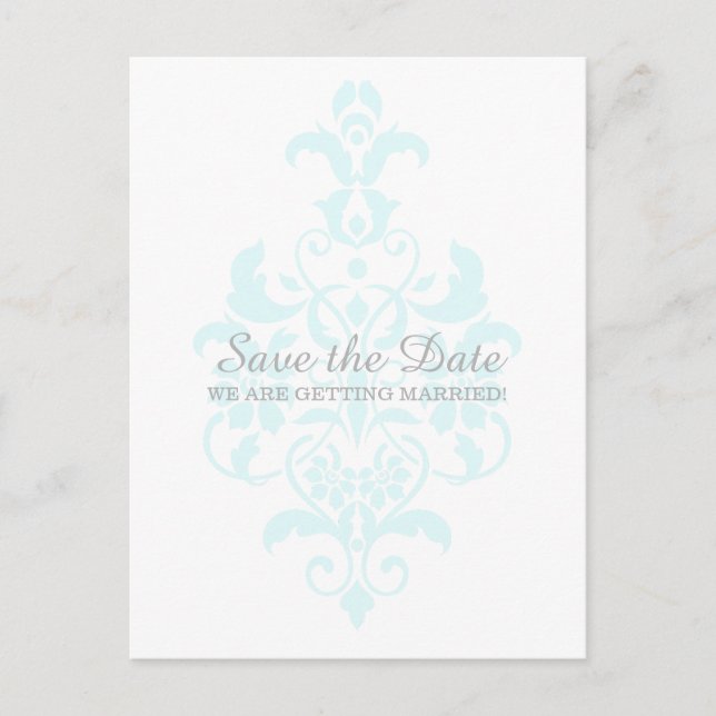 Postale Faire-part Aqua Subtle Damask Enregistrer la date Carte posta (Devant)