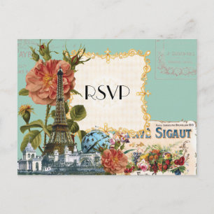Postale Faire-part Aqua Vintage Tour Eiffel Rose Enregistrer la carte