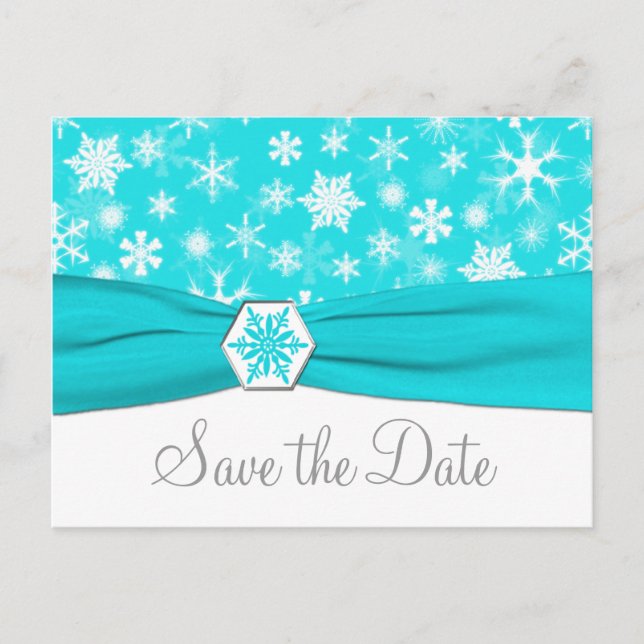 Postale Faire-part Aqua, White, Grey Snowflakes Enregistrer la carte  (Devant)