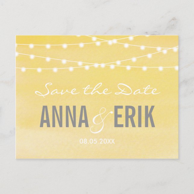 Postale Faire-part Aquarelle String Lights Enregistrer La Date Carte  (Devant)