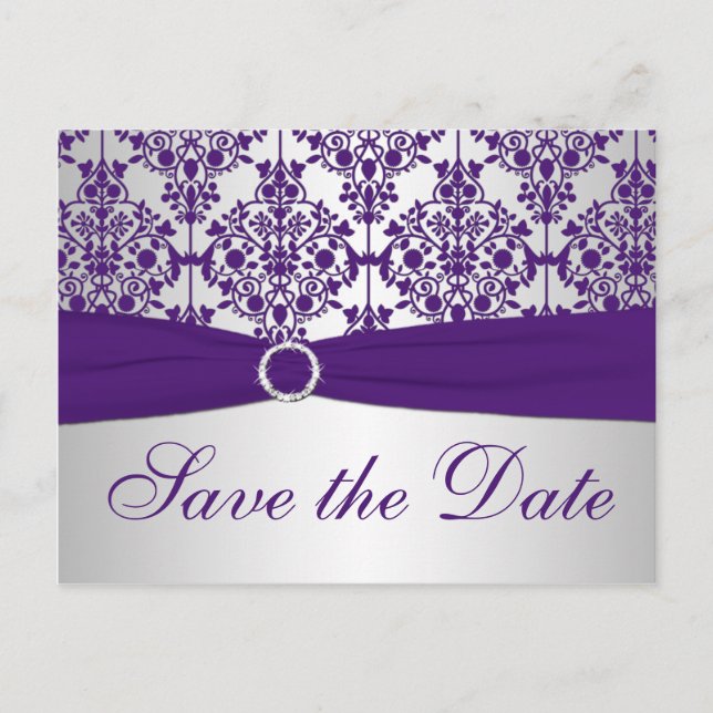 Postale Faire-part Argent et pourpre Damask Enregistrer la carte Date (Devant)