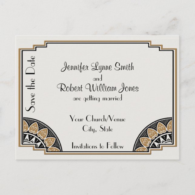 Postale Faire-part Art Déco Gold Posh Enregistrer la date Carte posta (Devant)