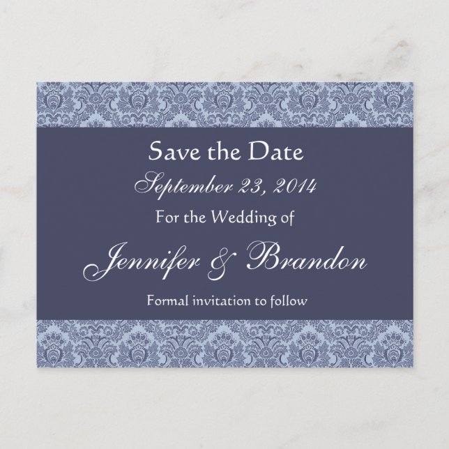 Postale Faire-part Baby Blue & Denim Damask Enregistrer La Date Carte (Devant)