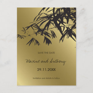 Postale Faire-part Bambou Feuille Noir + Or Enregistrer La Date Carte