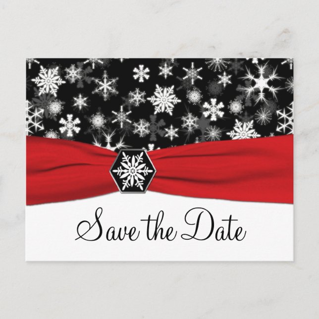 Postale Faire-part Black, White, Red Snowflakes Enregistrer la carte  (Devant)