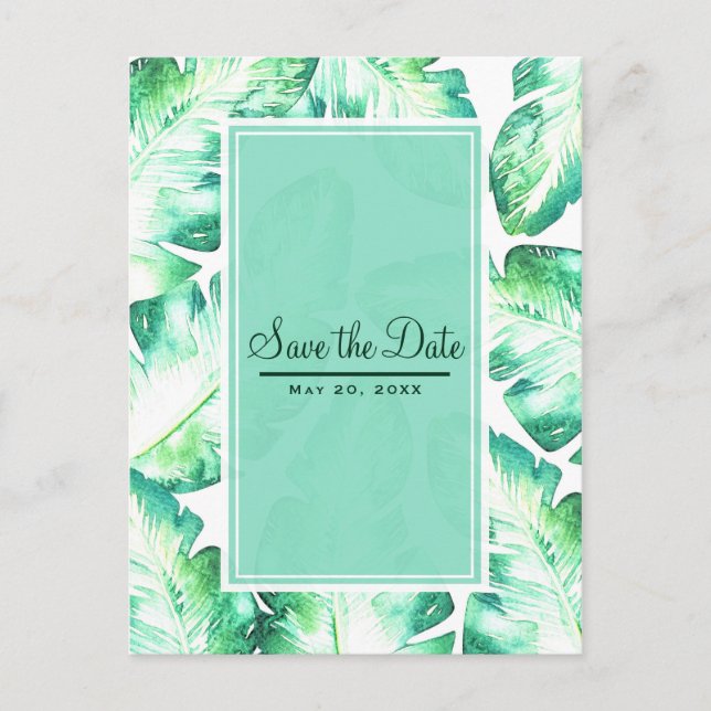 Postale Faire-part Blanc de plage et feuilles tropicales vertes Carte (Devant)