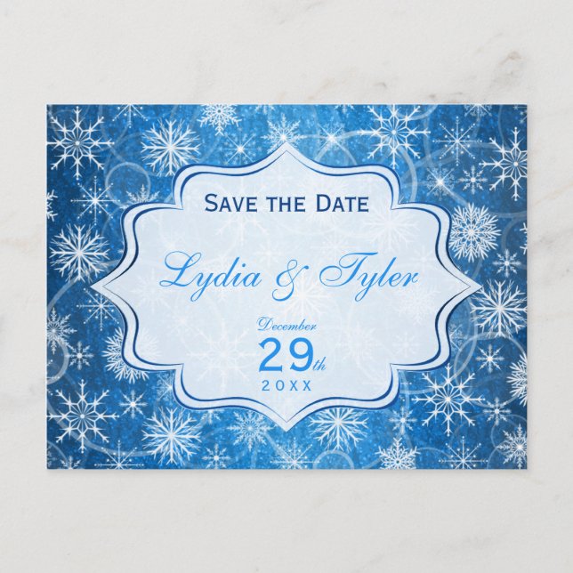 Postale Faire-part Bleu et blanc Snowflakes Enregistrer la carte Date (Devant)