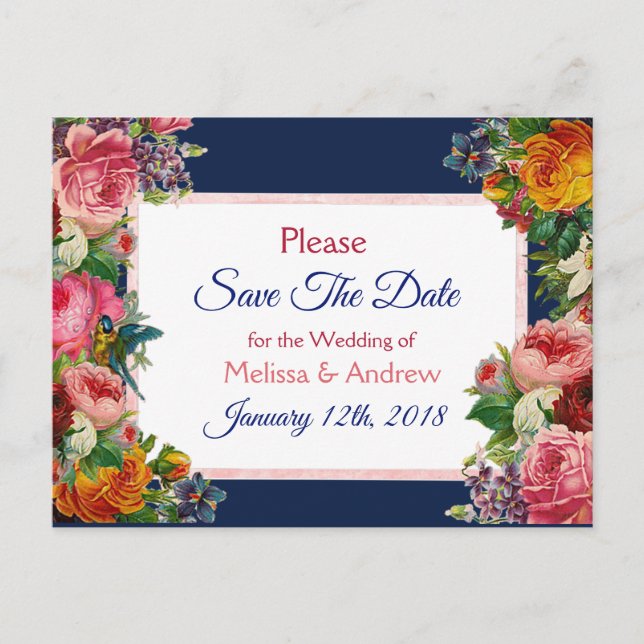 Postale Faire-part Blue Burgundy Floral Enregistrer la date Carte pos (Devant)