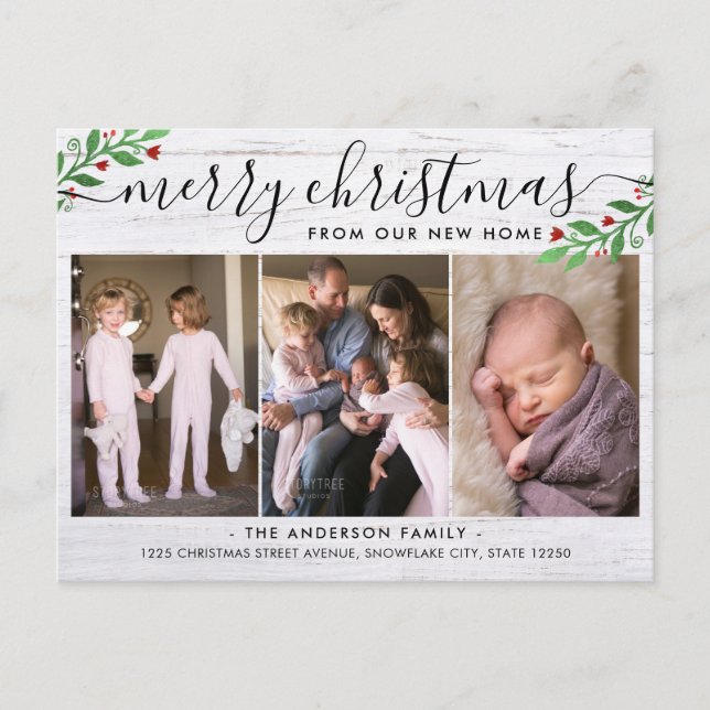 Postale Faire-part Bois Rustique Joyeux Noël 3 Photo Fêtes Carte de V (Devant)