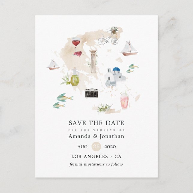 Postale Faire-part Carte aquarelle de Grèce mariage de destination (Devant)