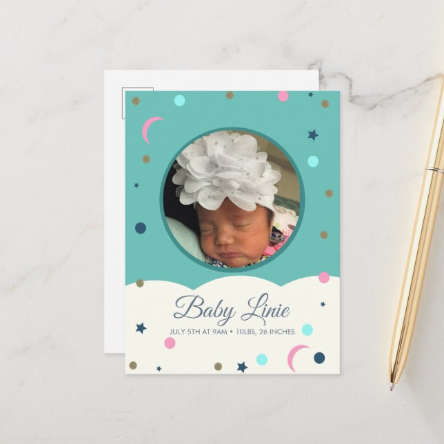 Postale Faire-part Carte d'annonce de naissance bébé avec bordure de  (Devant/Arrière en situation)