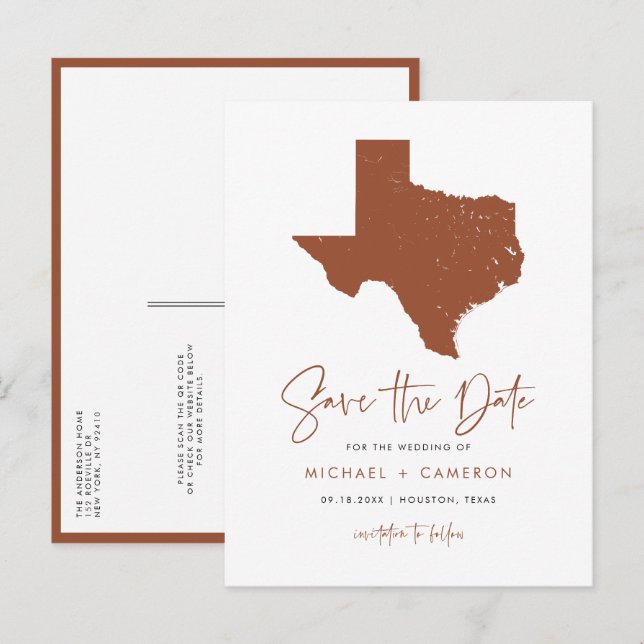 Postale Faire-part Carte de l'État du Texas en terre cuite Code QR En (Devant / Derrière)