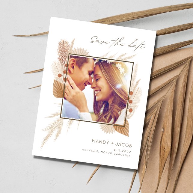 Postale Faire-part Carte de mariage Bohème chic avec photo pour un ma (Modern Fall Wedding Photo Boho Save the Date Postcard)