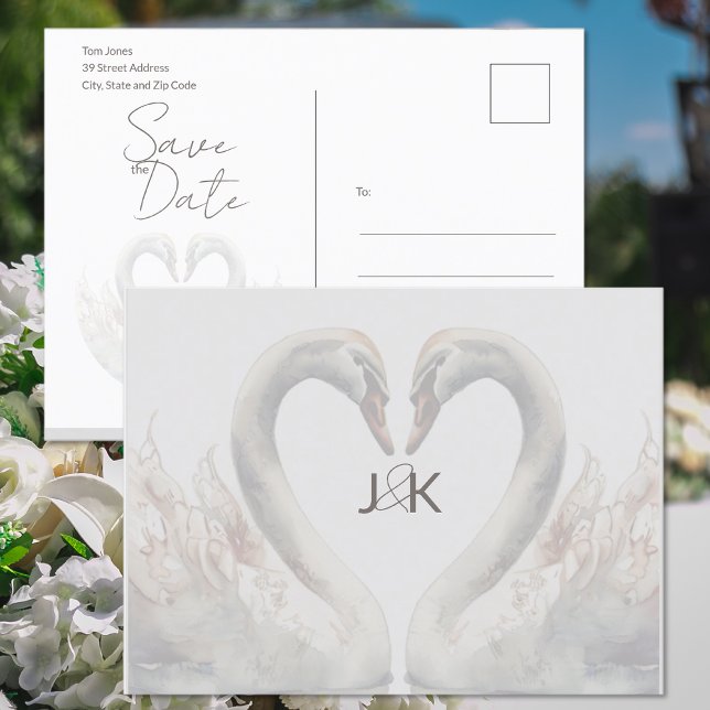 Postale Faire-part Carte de mariage cygnes romantiques Save the Date (Romantic Swans Wedding Save the Date Postcard (front and back))