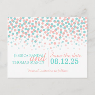 Postale Faire-part Carte de mariage en teal corail avec confettis pou