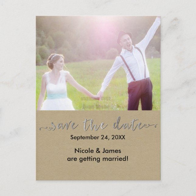 Postale Faire-part Carte de mariage photo rustique argentée SAVE THE  (Devant)