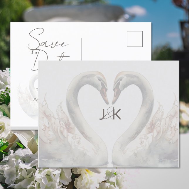 Postale Faire-part Carte de mariage romantique aux cygnes Save the Da (Romantic Swans Wedding Save the Date Postcard (front and back))
