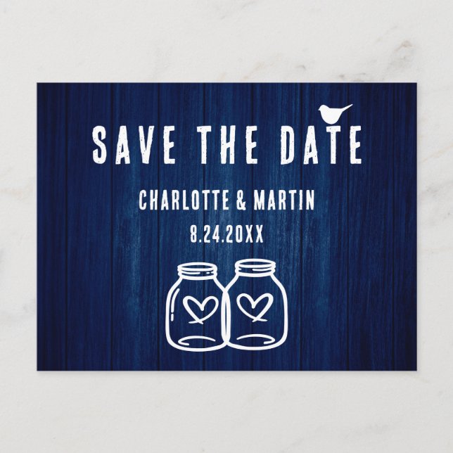 Postale Faire-part Carte de mariage rustique bleu marine Save The Dat (Devant)