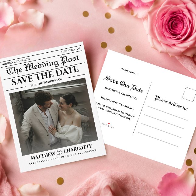Postale Faire-part Carte de mariage Save the Date Journal (newspaper save the date unique black and white fun vintage retro )