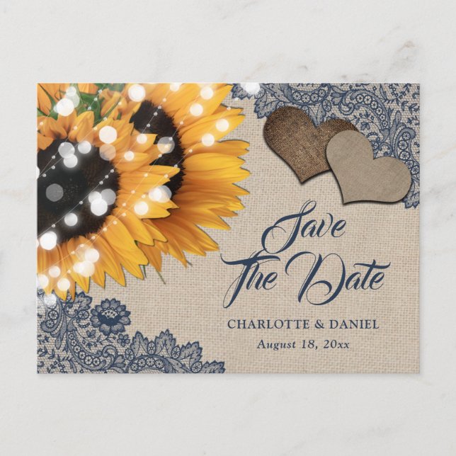 Postale Faire-part Carte de mariage Tournesol Bleu Marine Save The Da (Devant)