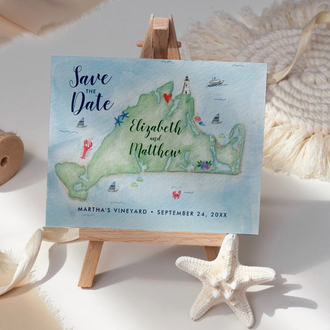Postale Faire-part Carte de Martha's Vineyard aquarelle Save the Date (Créateur téléchargé)