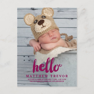 Postale Faire-part Carte de naissance de bébé violet | Bonjour