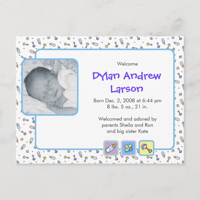 Postale Faire-part Carte de naissance garçon (Devant)