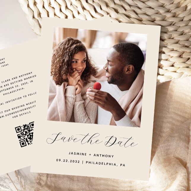 Postale Faire-part Carte de rappel de date minimale beige avec code Q (Créateur téléchargé)