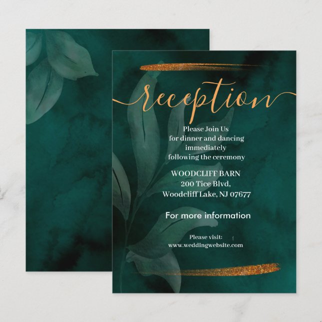 Postale Faire-part carte de réception moderne vert émeraude et feuill (Devant / Derrière)