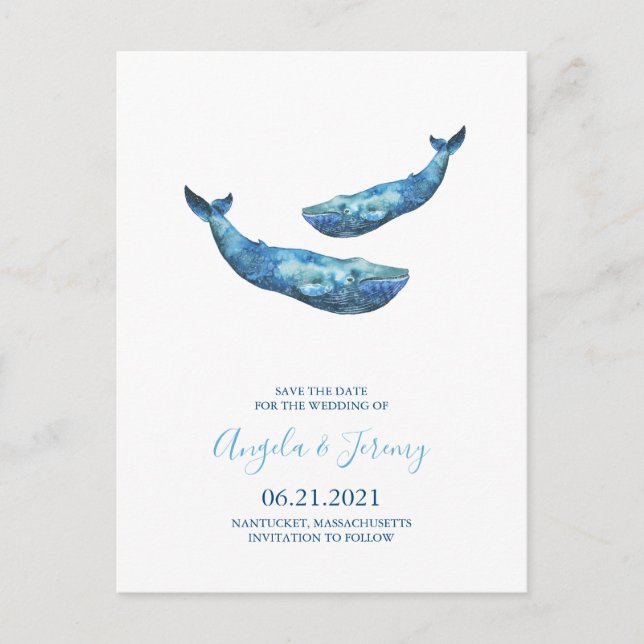 Postale Faire-part Carte de sauvegarde Baleine bleue aquarelle (Devant)