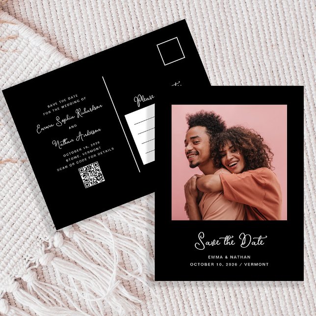 Postale Faire-part Carte de sauvegarde de date de mariage photo capri (A sweet and whimsical black save the date postcard, with your photo and a scannable QR code)