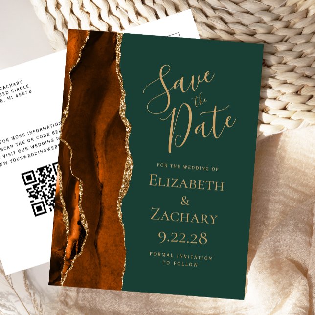 Postale Faire-part Carte de sauvegarde de date Rust Gold Agate vert f (Créateur téléchargé)