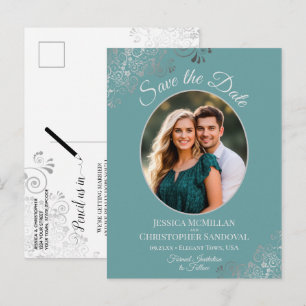 Postale Faire-part Carte de sauvegarde de mariage Silver & Teal avec 