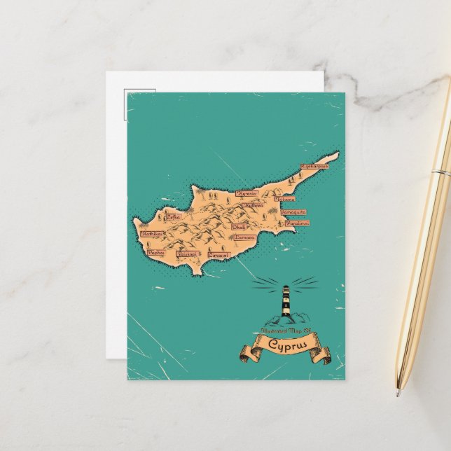 Postale Faire-part Carte de voyage illustrée Chypre (Devant/Arrière en situation)