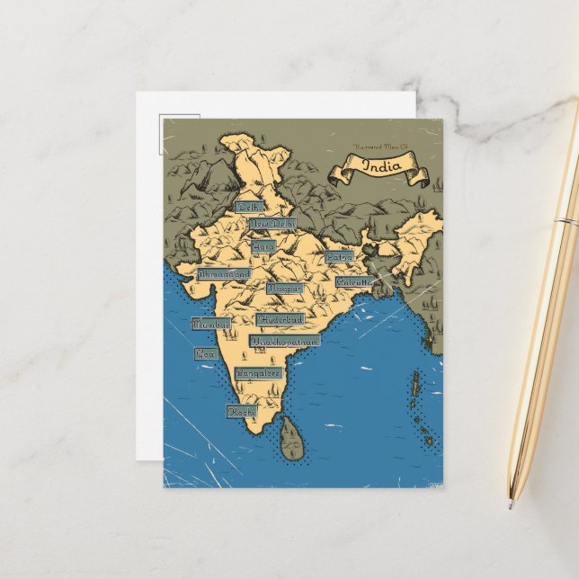 Postale Faire-part Carte de voyage illustrée de l'Inde (Devant/Arrière en situation)
