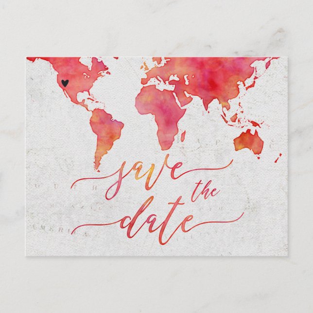Postale Faire-part Carte du monde à l'aquarelle corail Mariage Enregi (Devant)