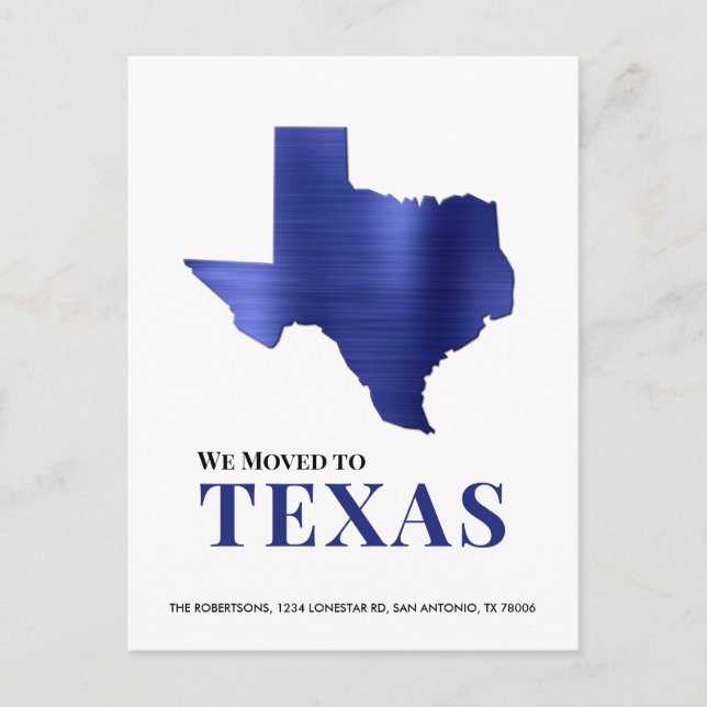 Postale Faire-part Carte du Texas en métal brossé bleu Nouvelle adres (Devant)