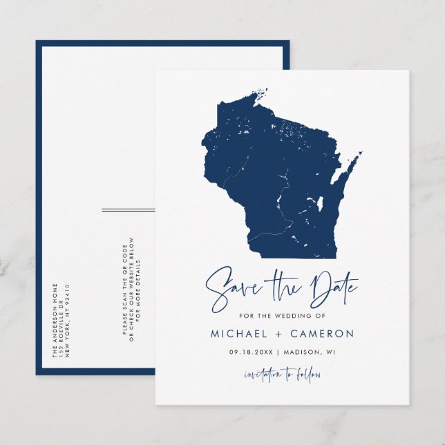Postale Faire-part Carte du Wisconsin Bleu Marine Code QR Sauvegarder (Devant / Derrière)