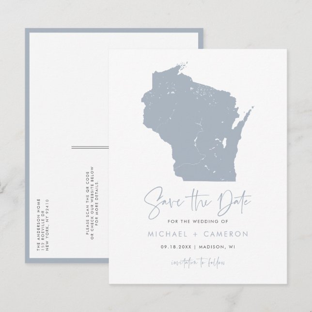 Postale Faire-part Carte du Wisconsin Bleu Poussiéreux Code QR Date à (Devant / Derrière)