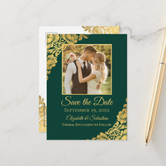 Postale Faire-part Carte élégante de mariage à date avec fleurs dorée