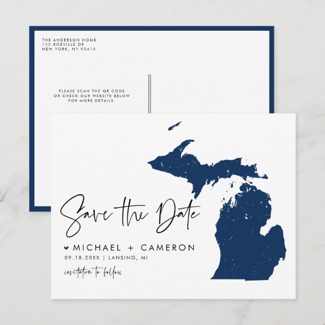 Postale Faire-part Carte Marine Blue Michigan Code QR Enregistrer la  (Devant / Derrière)
