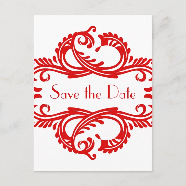 Postale Faire-part Chic Damask Enregistrer la date carte postale, rou (Devant)
