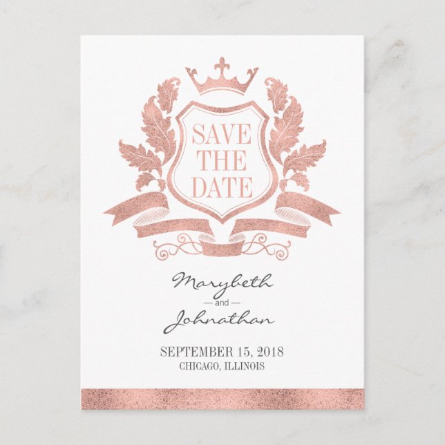 Postale Faire-part Classic Rose Gold Crest Enregistrer La Date Carte  (Devant)