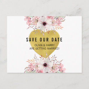 Postale Faire-part Cœur en or floral   Carte de sauvegarde de la date